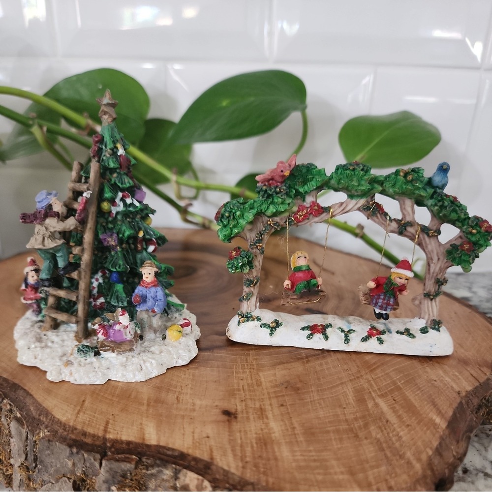 Village Collection Figurine Of Children Swinging‎ and Decorating Tree 2 Pieces
